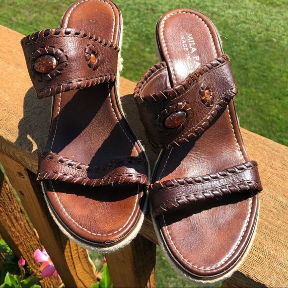 Mila Paoli brown leather wedge sandals size 6 - Picture 1 of 12